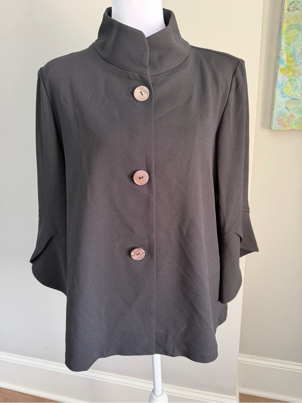 Ming Wang Black Stand Collar Button-Front Tunic with Taupe Buttons